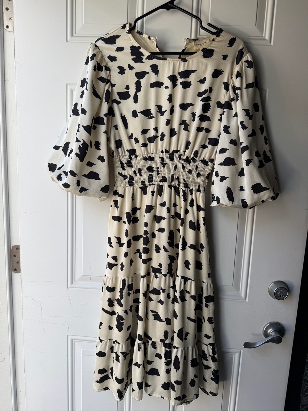 orange creek Black & Cream Printed Midi Dress with Puff Sleeves